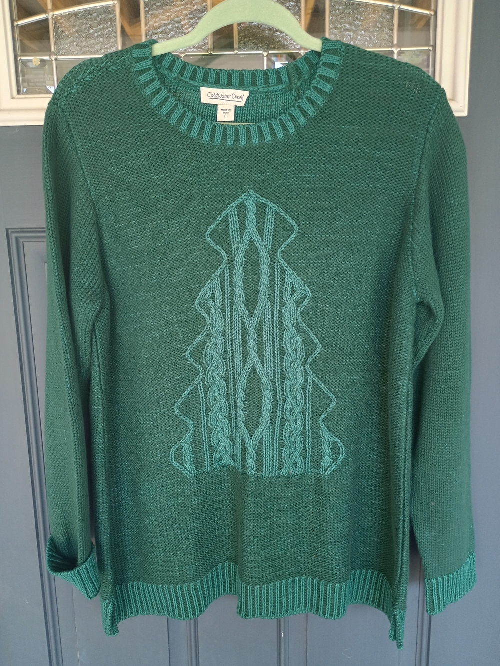 Coldwater Creek Women's Green Cable-Knit Sweater With Pine Tree Embroidery Sz L